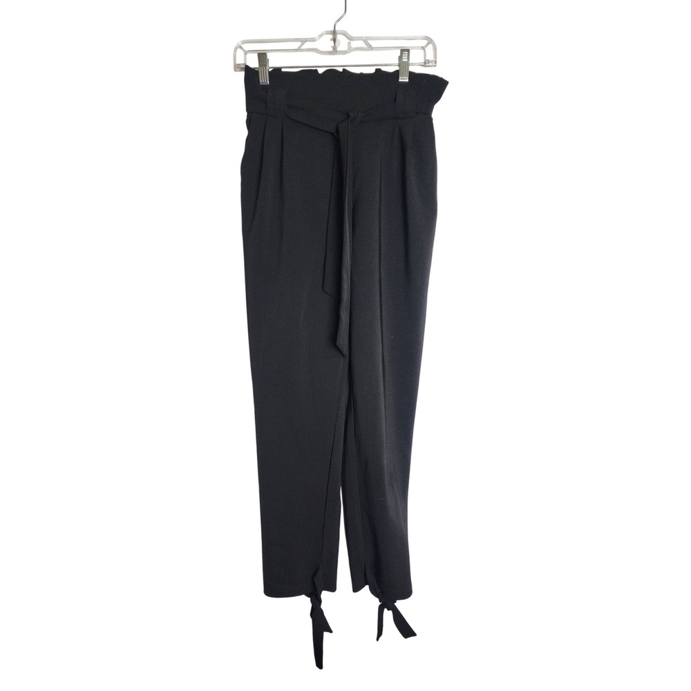 Grace Karin Black Paperbag Waist Pants High Rise Ankle Tie Trousers Womens Small